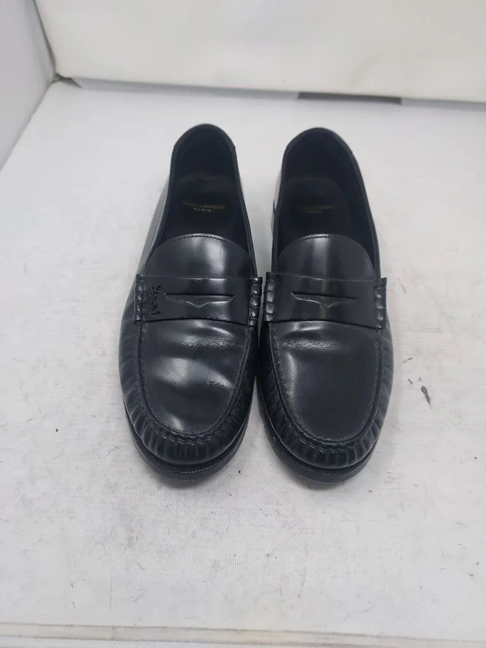 YSL Yves Saint Laurent MENS Black Logo Penny Patent Loafer Shoe